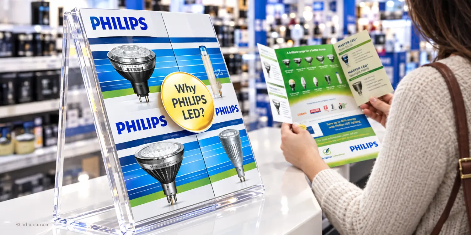 Philips LED thematic campaign acrylic display stand with "Why Philips LED?" visual and brochure, designed by ADWOW
